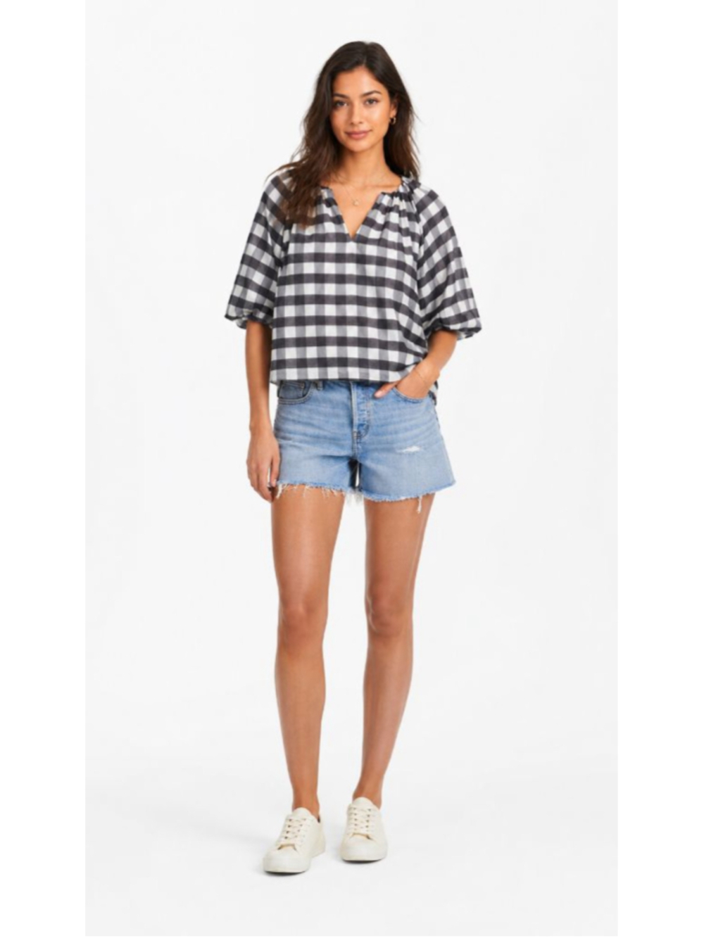 Madewell Black and White Gingham Puff-Sleeve Blouse